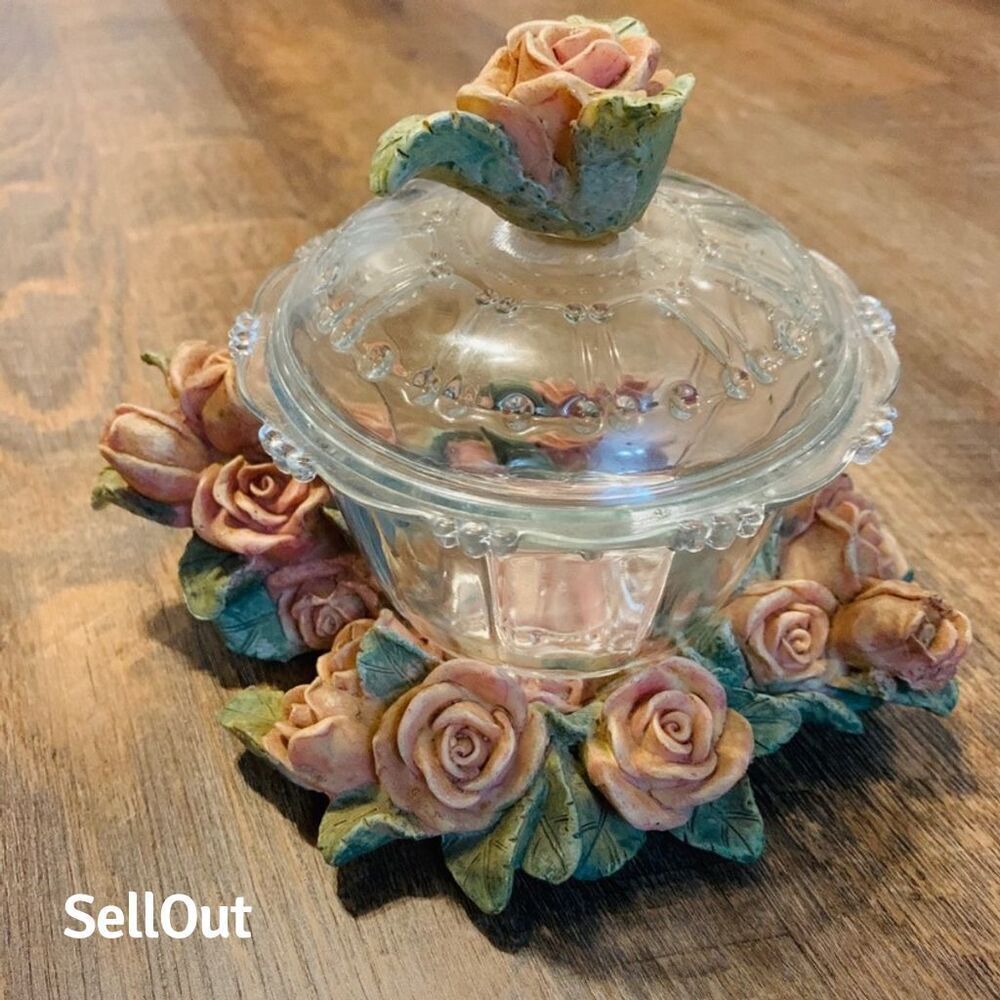 Vintage Glass Trinket Jar with Floral Resin Cork Lid Pink Roses